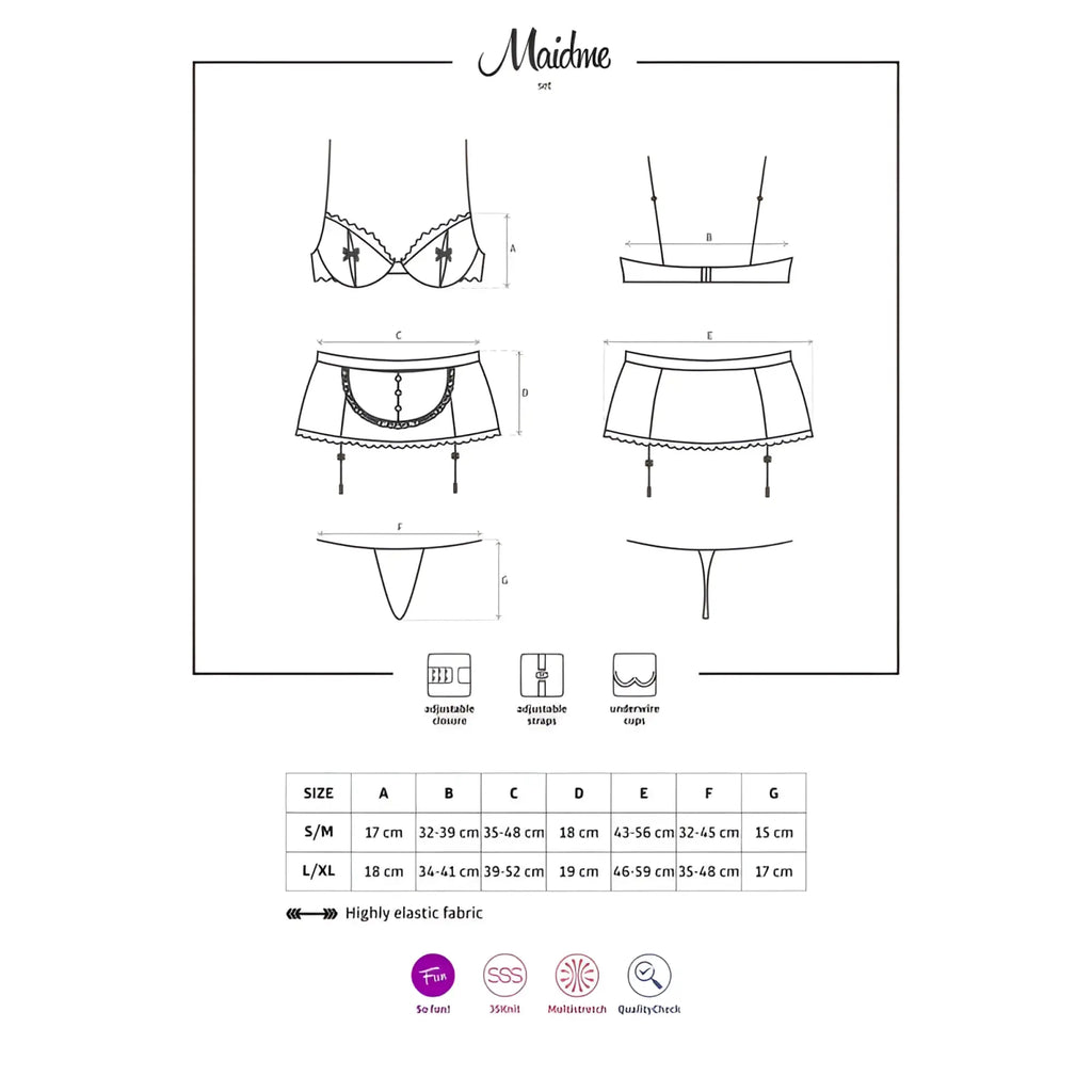 Obsessive Maidme set 5 pc l-xl lingerie with star embellished bra and lace trimmed briefs with adjustable straps