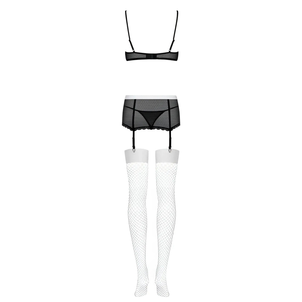 Black mesh lingerie set with garter straps paired with white fishnet stockings from the Obsessive Maidme set S M
