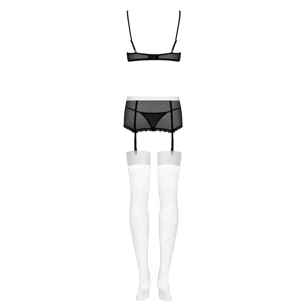 Black mesh lingerie set with garter straps paired with white fishnet stockings from the Obsessive Maidme set S M