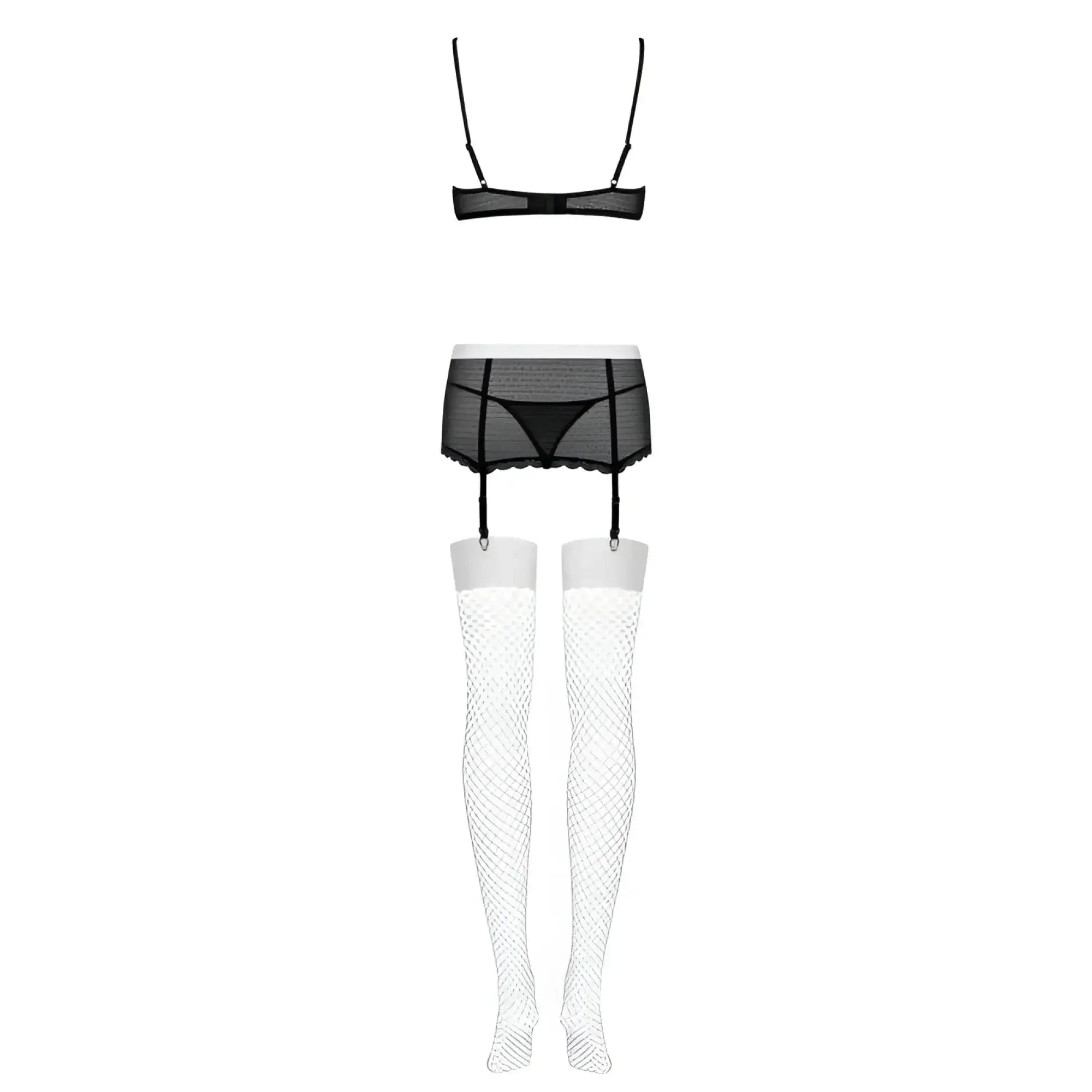 Black mesh lingerie set with garter straps paired with white fishnet stockings from the Obsessive Maidme set S M