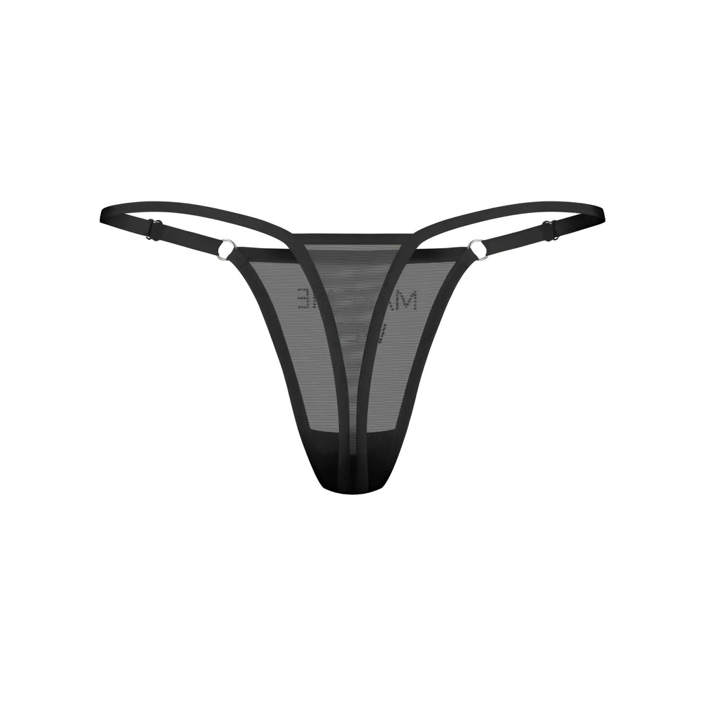 Black mesh thong with thin straps and silver-toned metal clasps from obsessive make me wet in size s/m