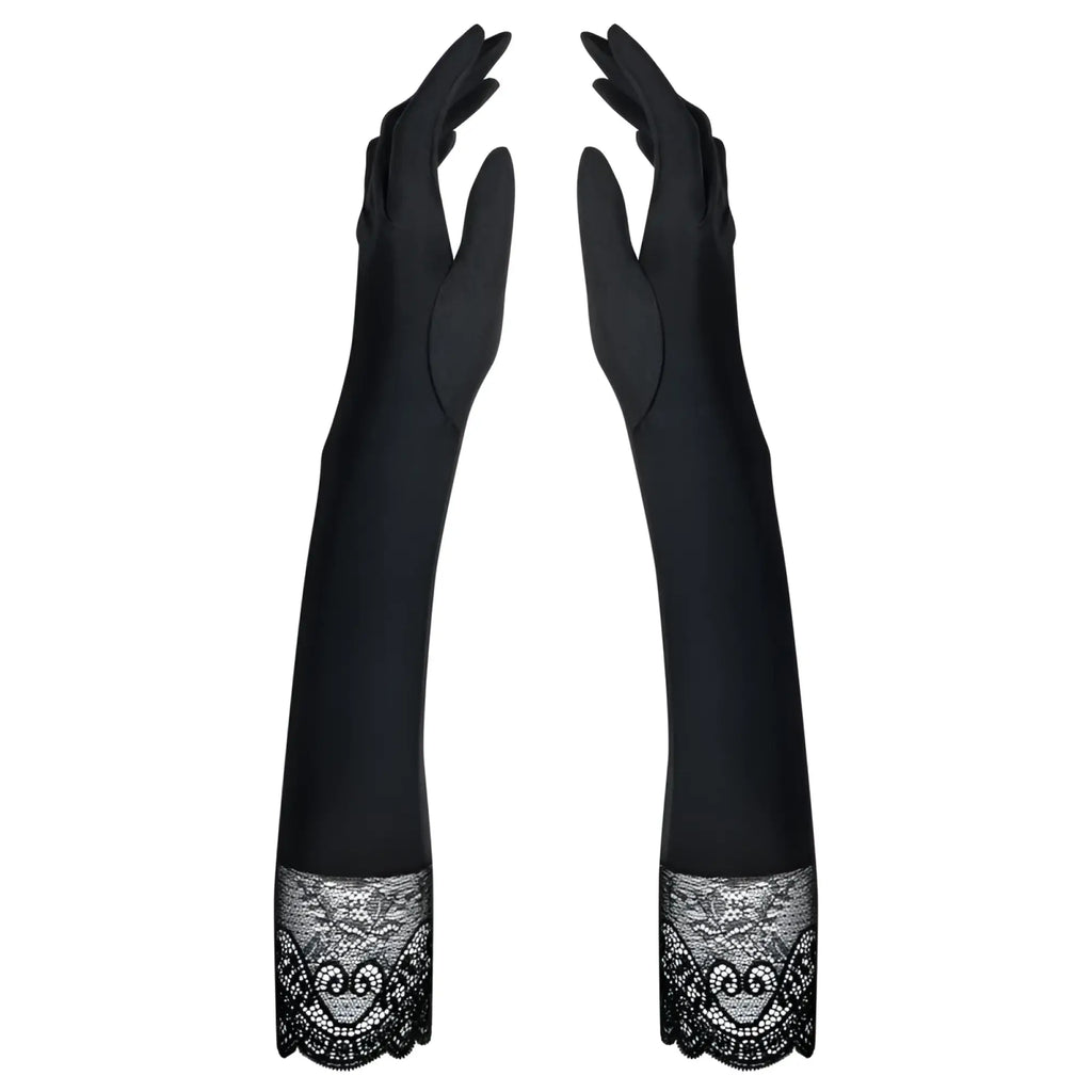 Black satin gloves with intricate lace cuffs by obsessive miamor one size for elegant evening wear