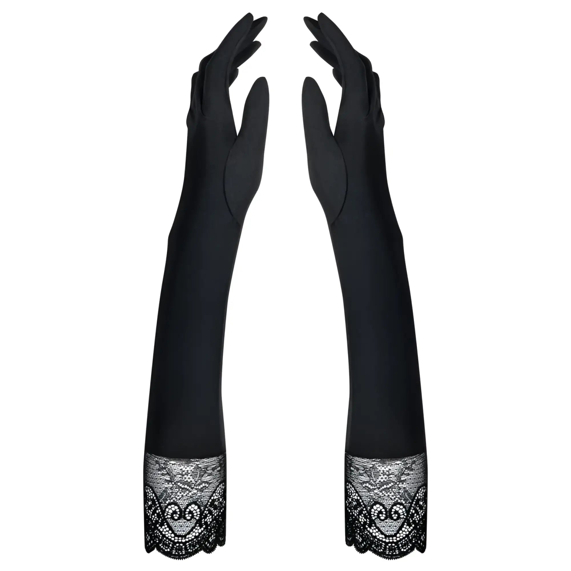 Black satin gloves with intricate lace cuffs by obsessive miamor one size for elegant evening wear