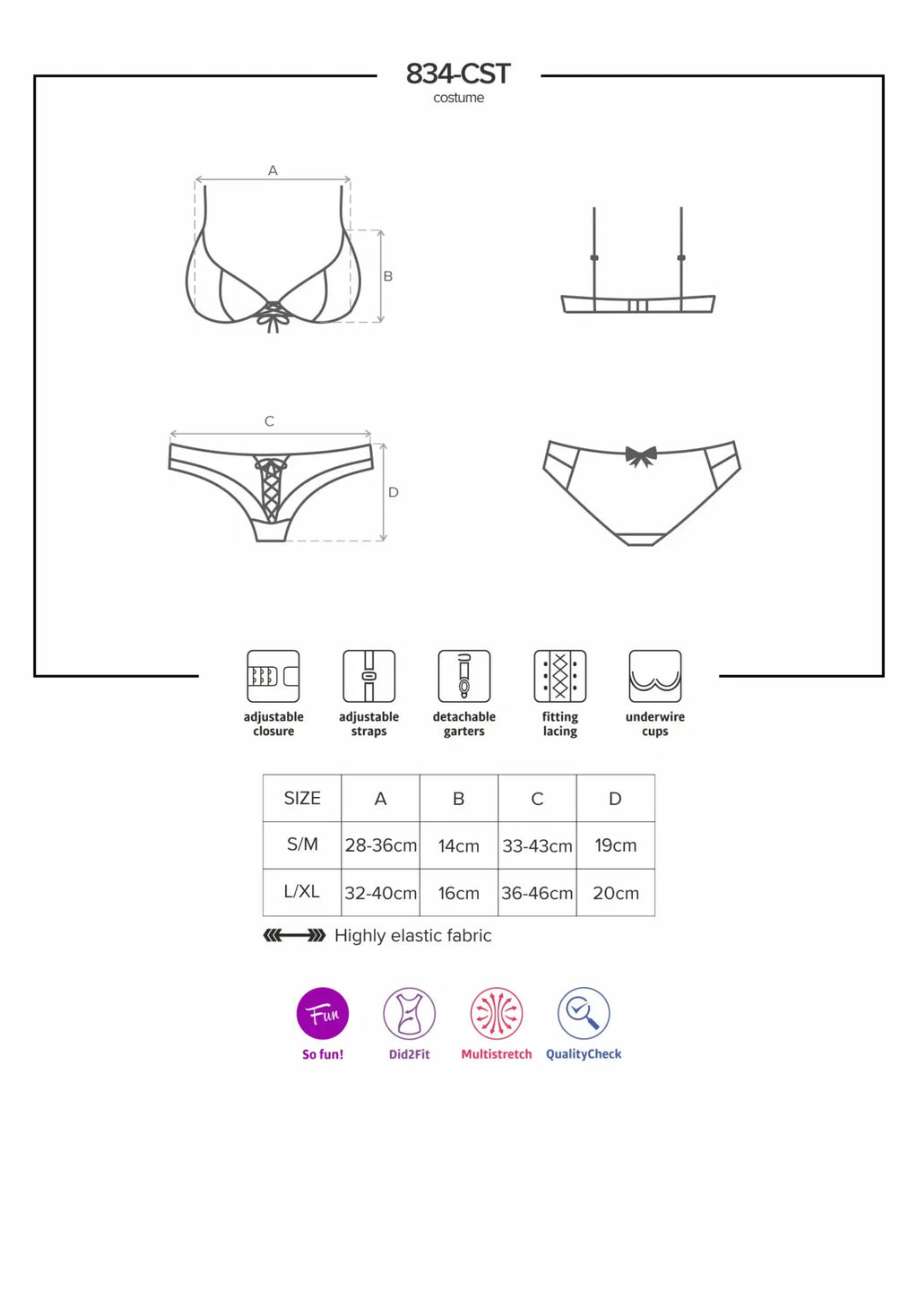 Obsessive nurse costume l xl 834-cst bra set with adjustable straps detachable garters underwire cups elastic fabric