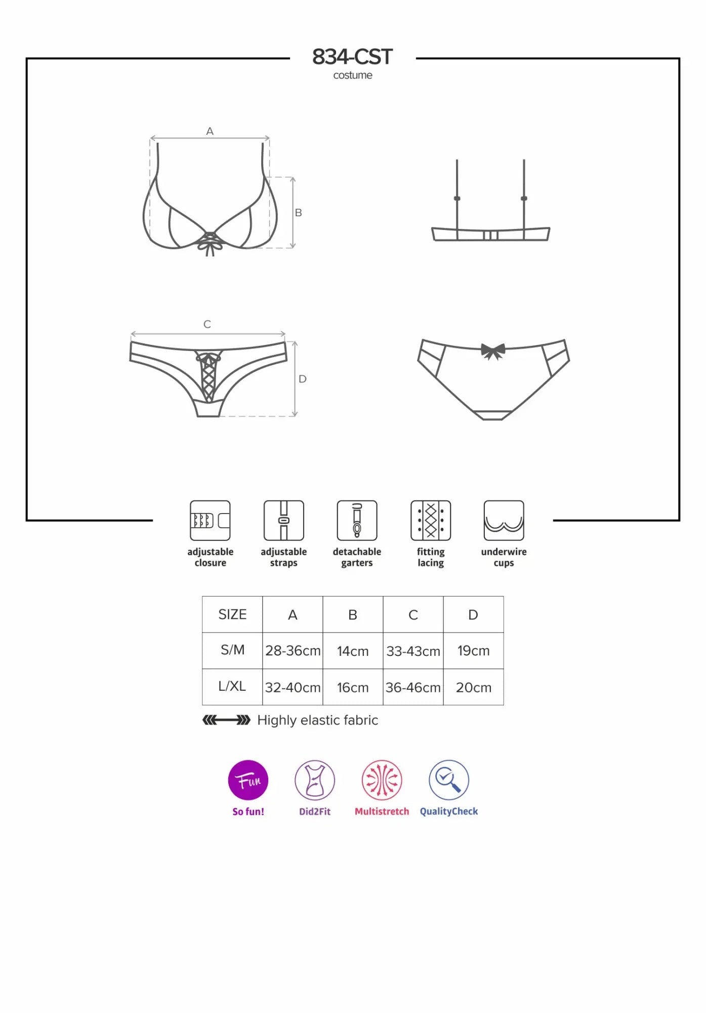 Obsessive nurse costume l xl 834-cst bra set with adjustable straps detachable garters underwire cups elastic fabric