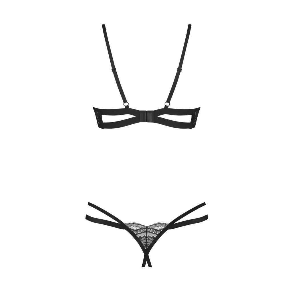 Black lace crotchless thong with delicate intricate detailing and thin straps from obsessive nutris 2 pc bra panty set m/l