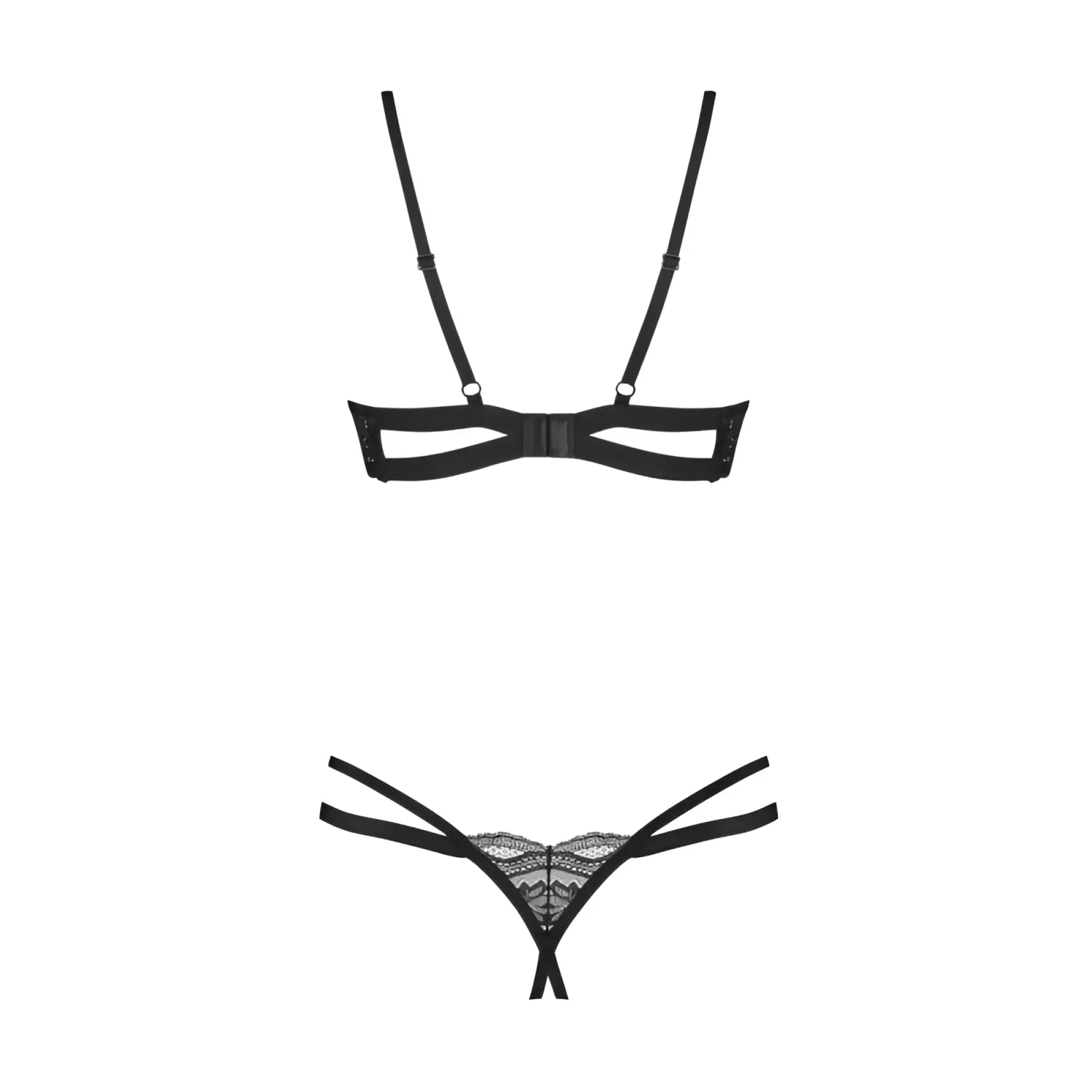 Black lace crotchless thong with delicate intricate detailing and thin straps from obsessive nutris 2 pc bra panty set m/l