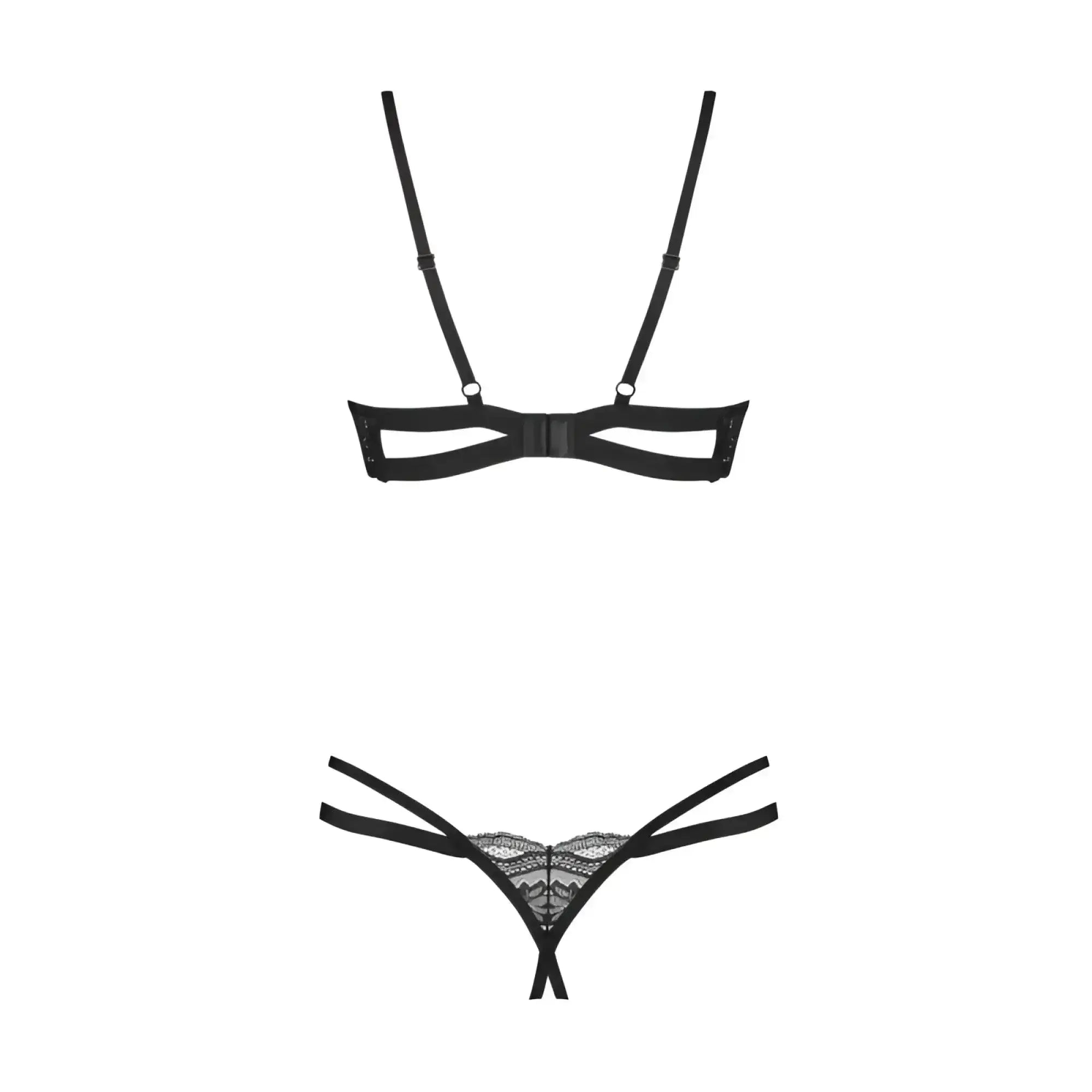 Black lace crotchless thong with delicate intricate detailing and thin straps from obsessive nutris 2 pc bra panty set m/l