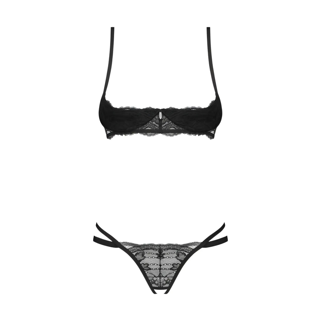 Black lace lingerie set featuring a crotchless bra with thin straps and floral pattern with matching thong dual side ties