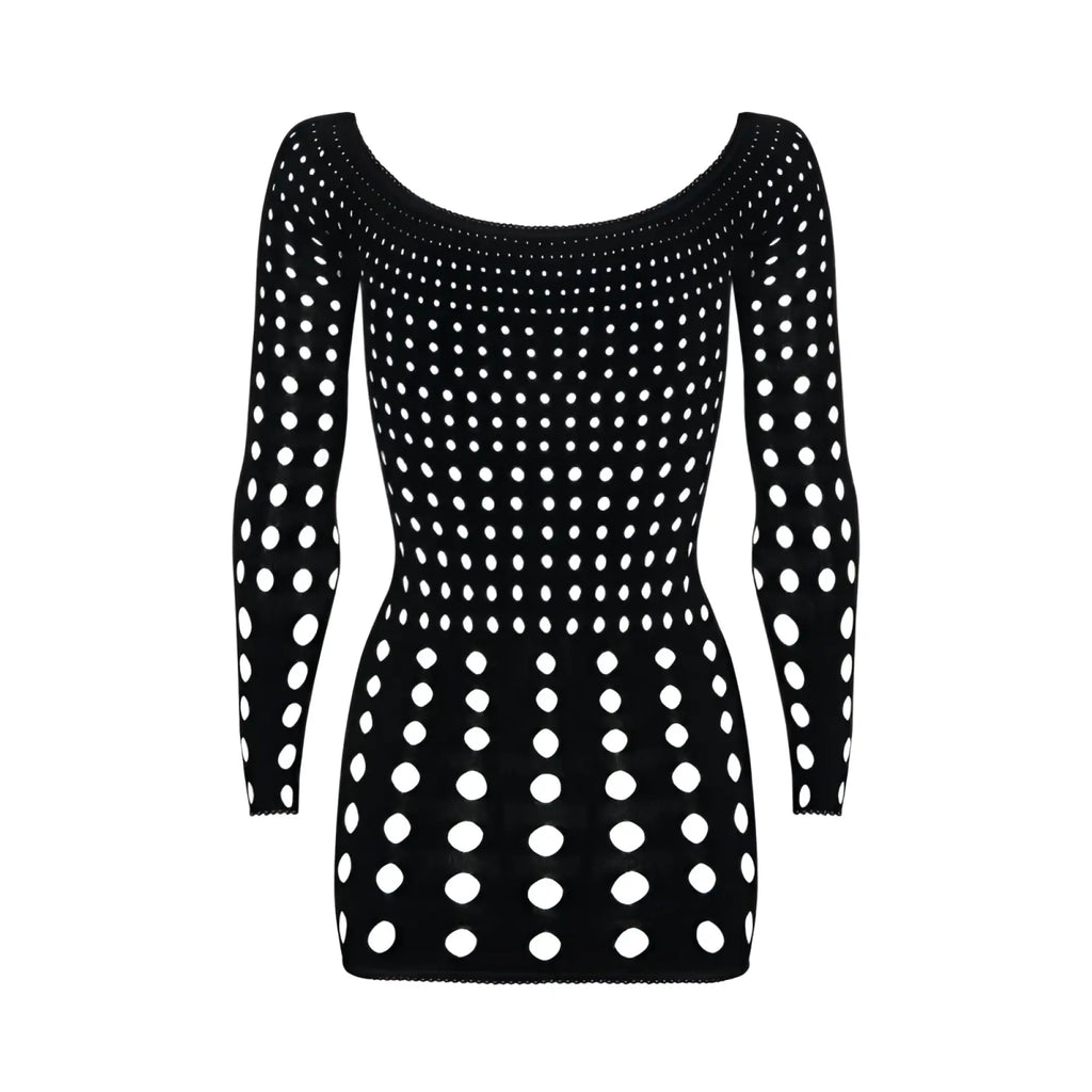 Obsessive rocker dress black one size featuring a fitted black long-sleeved knit top with white polka dots gradient