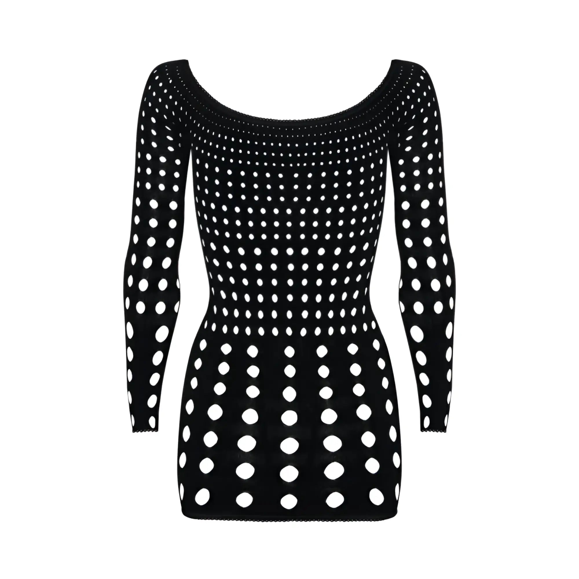 Black long-sleeved knit rocker dress with fitted silhouette and white polka dot gradient pattern in one size