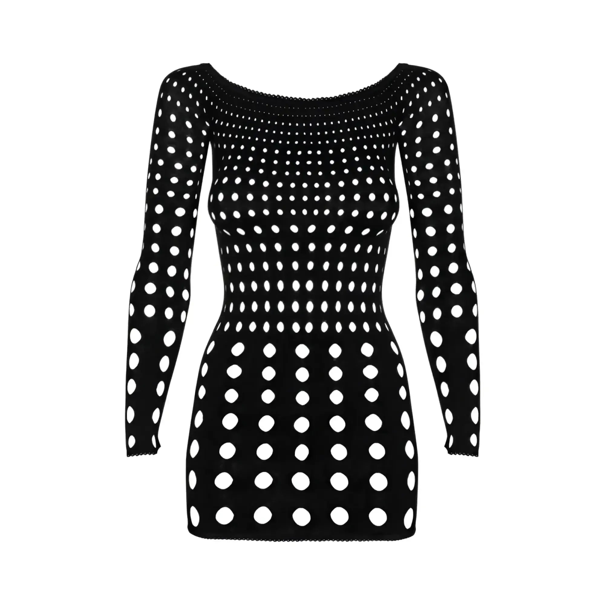 Black and white polka dot knit dress with long sleeves obsessive rocker dress black one size front view
