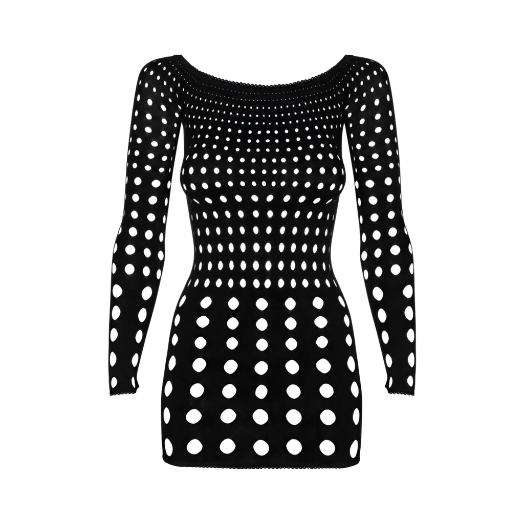 Black and white polka dot knit dress with long sleeves obsessive rocker dress black one size front view