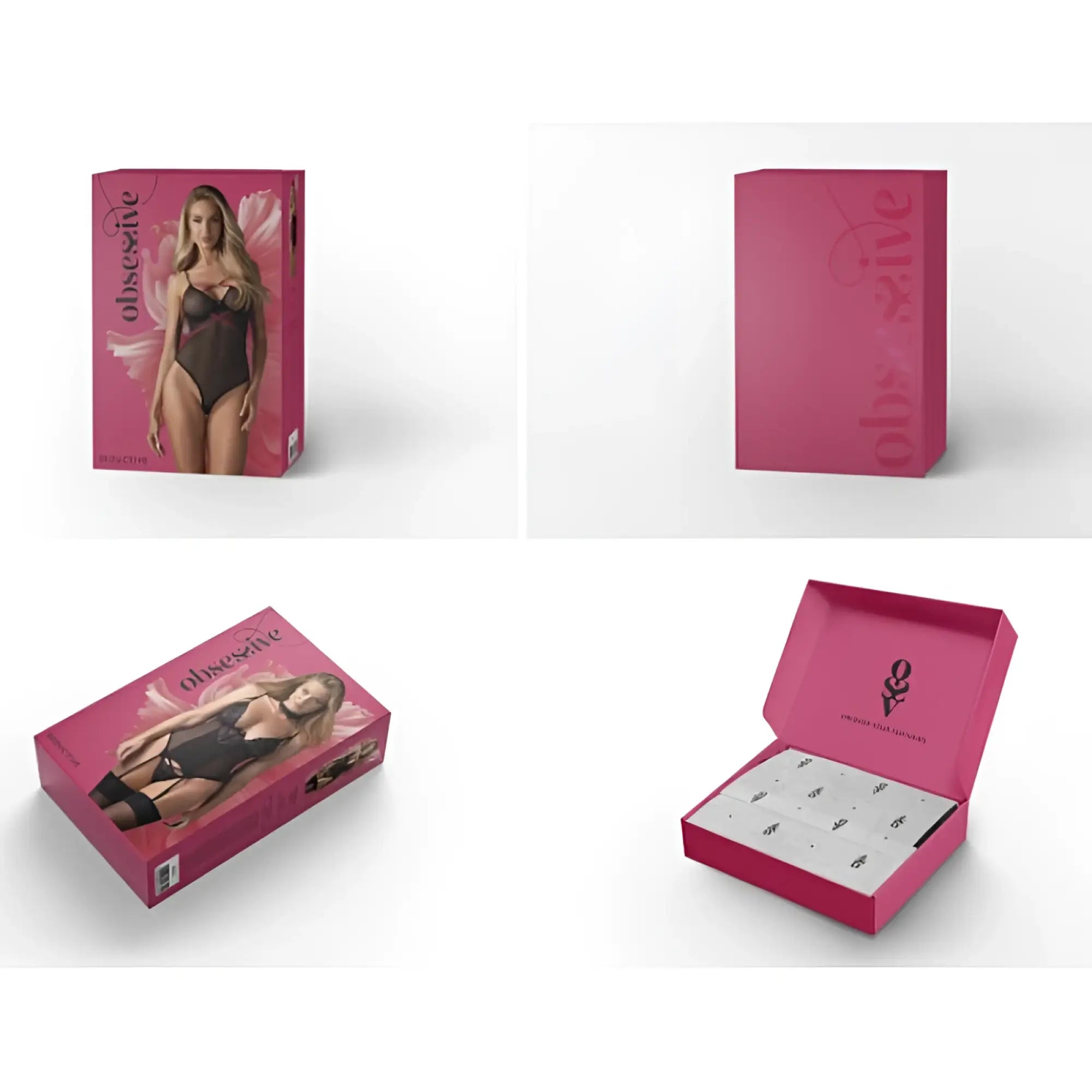 Pink rectangular box of obsessive s800 sheer red stockings s m featuring woman in black lingerie on packaging