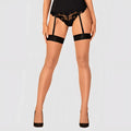 Black lace garter belt with matching thigh-high stockings in black by obsessive s814 size l/xl showing front view