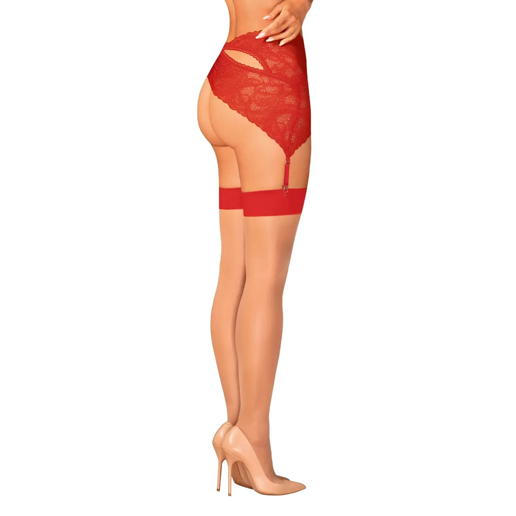 Red lace garter belt with matching straps and delicate floral pattern from obsessive s814 stockings red s/m