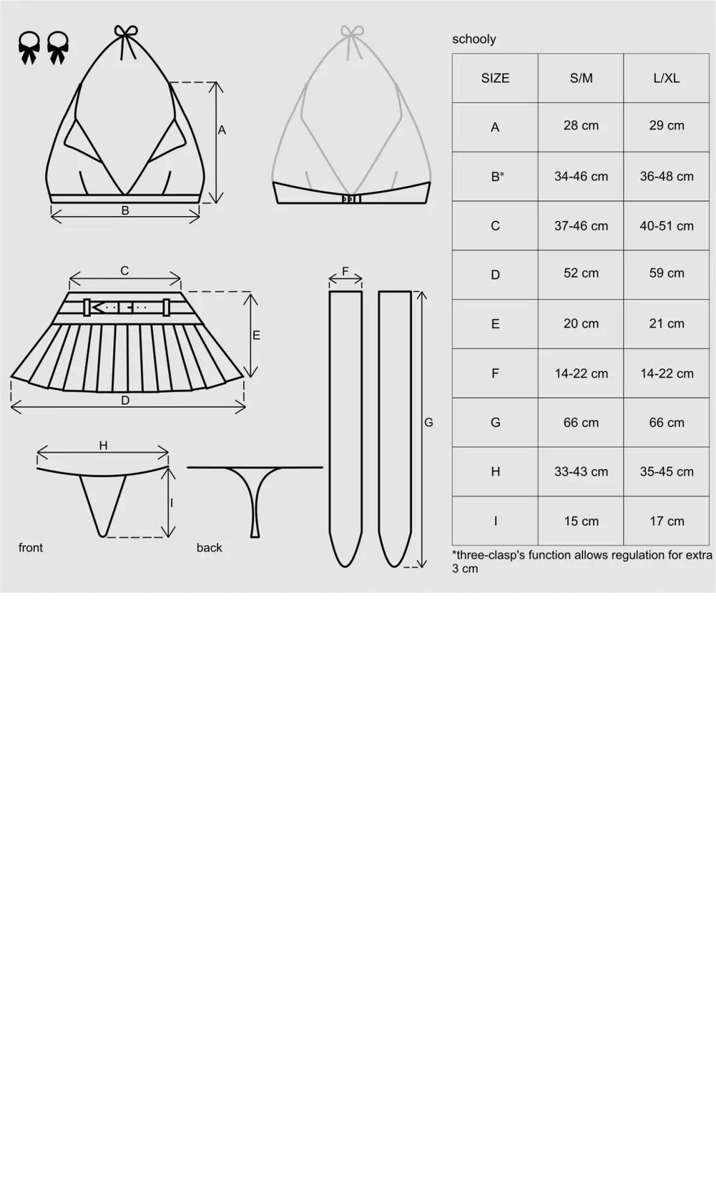 Schoolgirl style halter neck dress with pleated skirt and adjustable waistband technical drawing sizes a to l