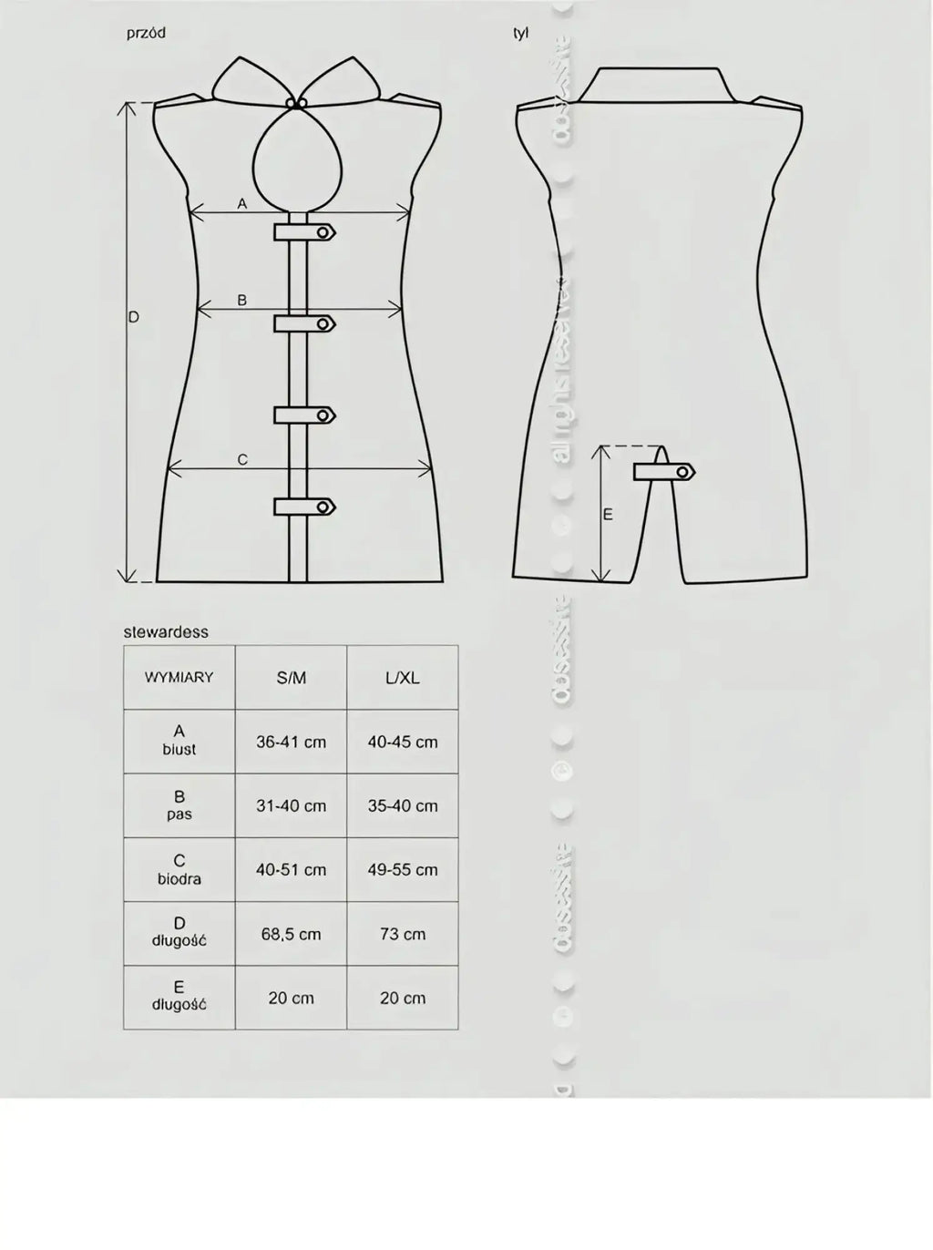 Schematic diagram of obsessive stewardess costume grey 3 pc s m showing front and back views with size dimensions