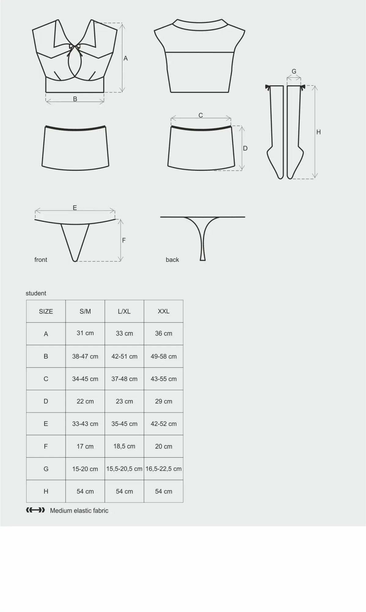 Technical size chart for women sizing options of obsessive student 4 pc costume in large and extra large