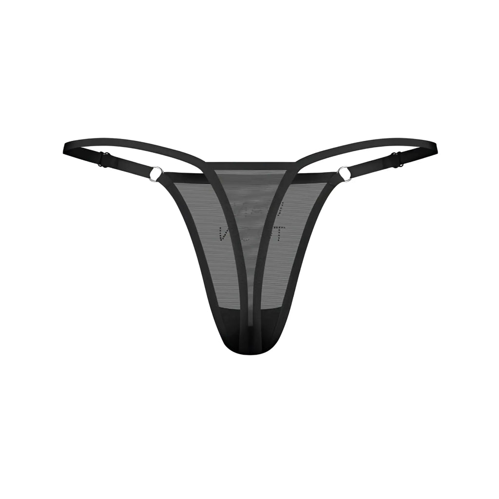 Black mesh thong with thin straps and silver metal clasps from Obsessive want to sin thong S M collection