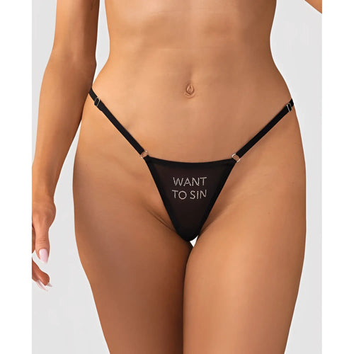 Obsessive want to sin thong sm black sheer mesh with thin straps metallic hardware and white text on front
