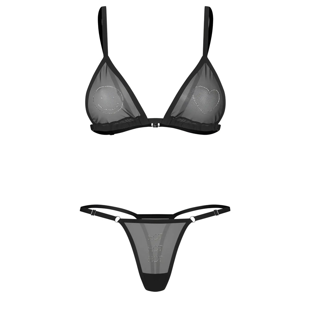 Black sheer mesh lingerie set with triangle bra featuring heart and smiley embellishments and matching thong Obsessive Wet Me