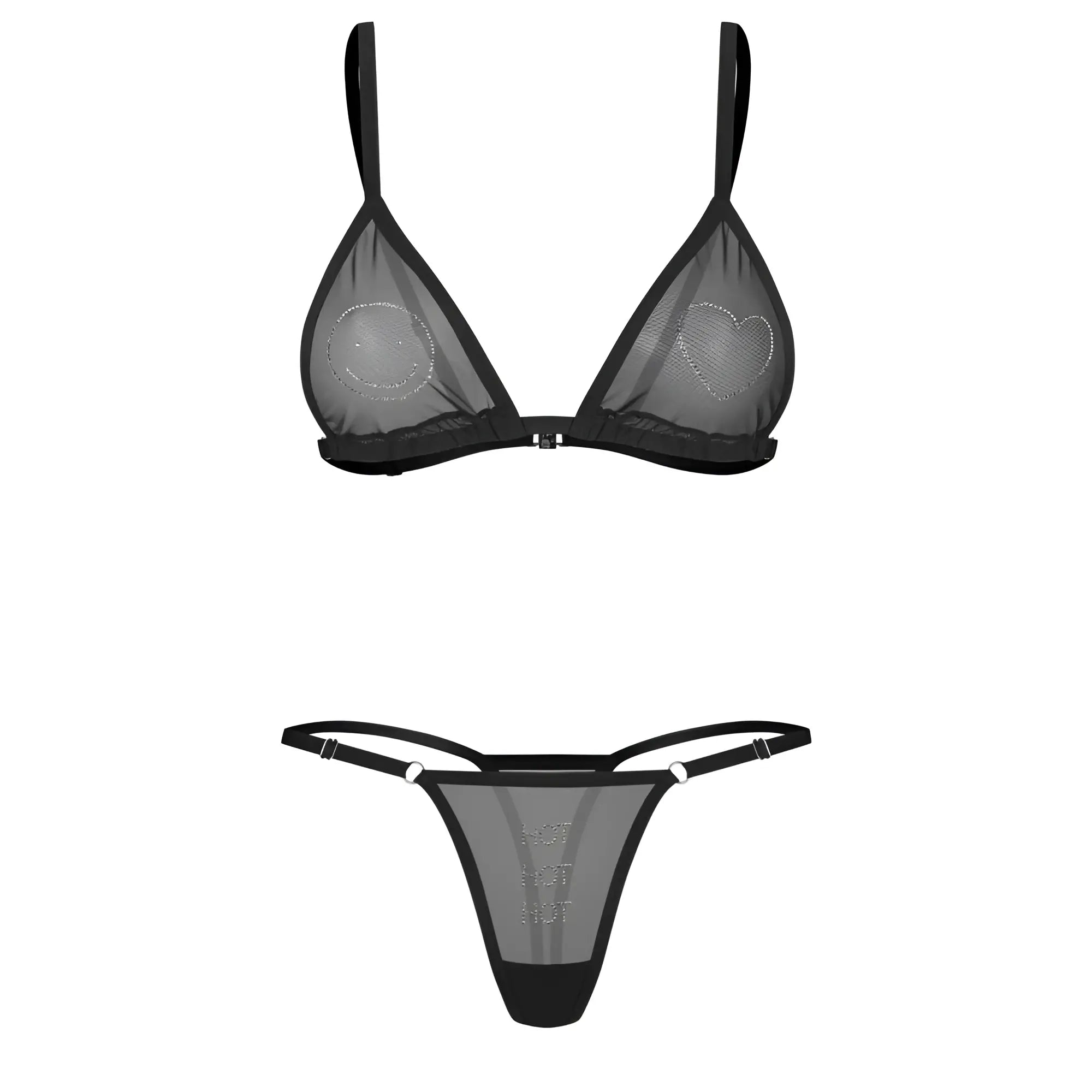 Black sheer mesh lingerie set with triangle bra featuring heart and smiley embellishments and matching thong Obsessive Wet Me