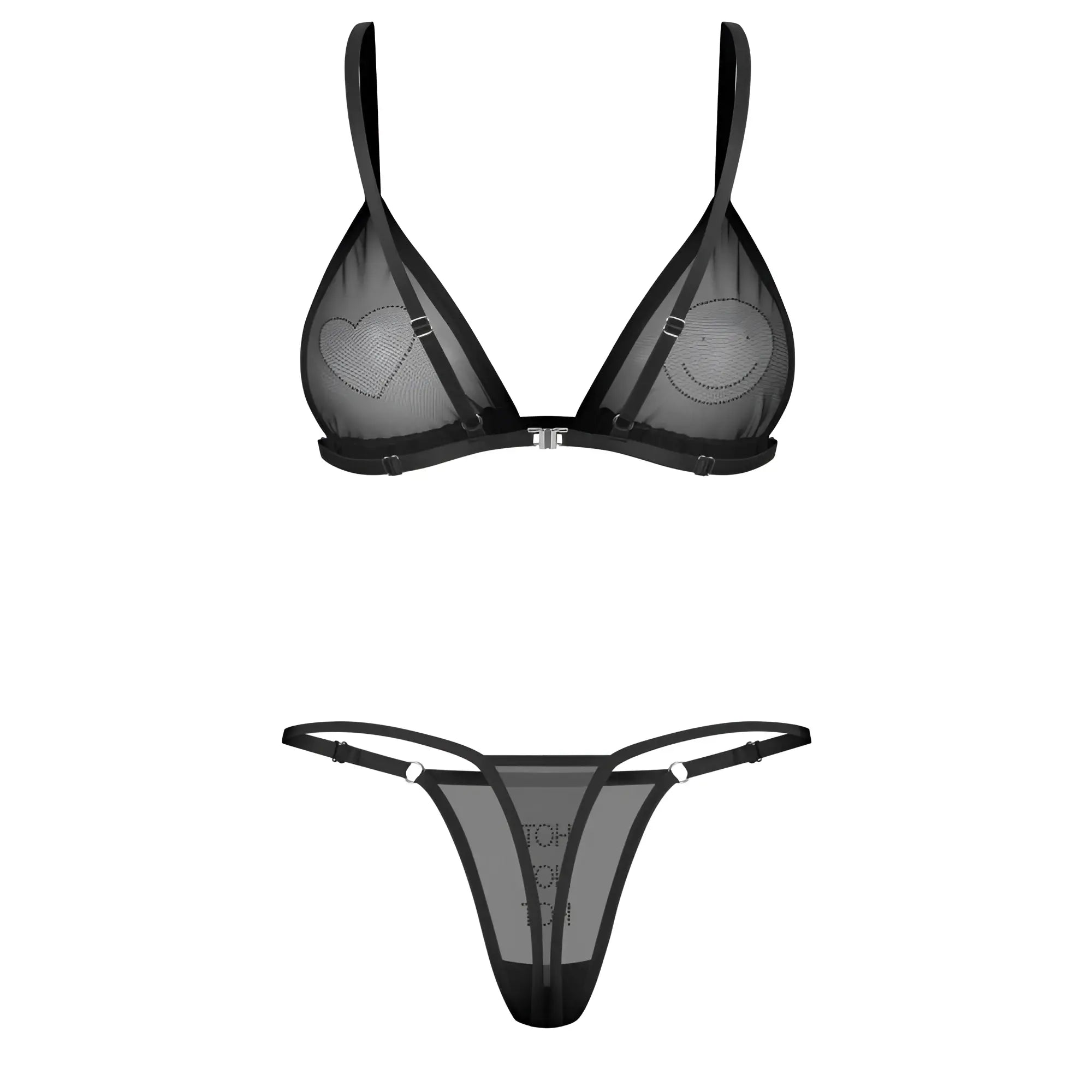 Black sheer mesh triangle bra and thong set with heart and smiley face embroidery obsessive wet me 2 pc set s m