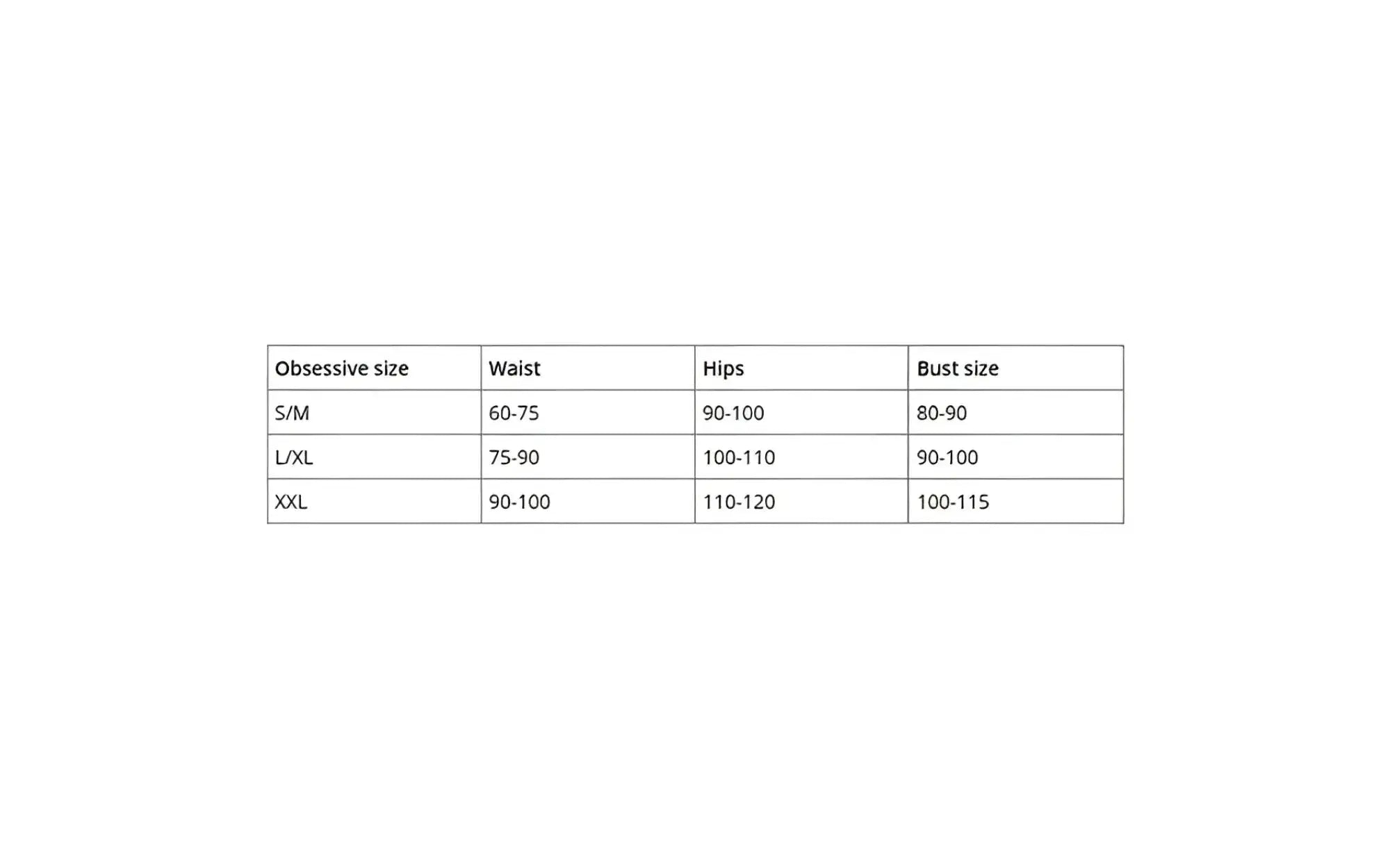 A clean minimalist size chart table with black text on white background for obsessive wet me 2 pc bra panty set S M