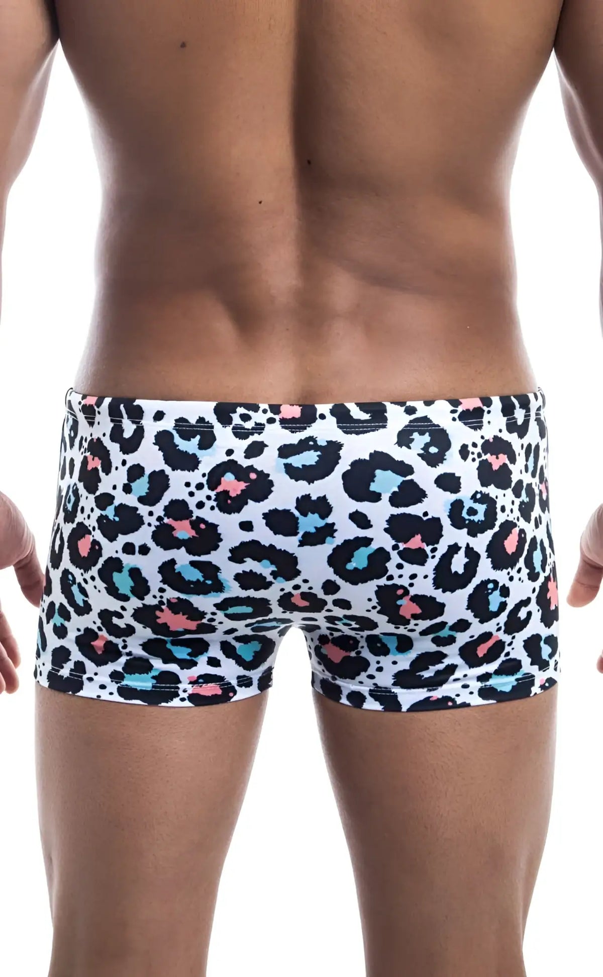 Oceanico square cut white swim trunks with bold leopard print in black teal and pink spots