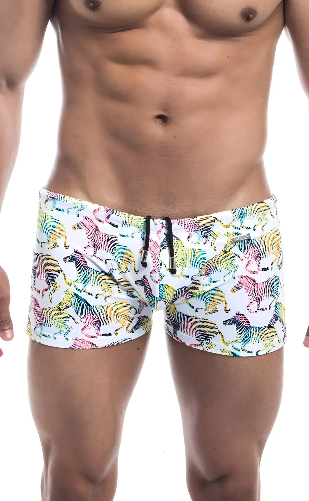 White oceanico square cut swim trunks with vibrant multicolored zebra print and black drawstrings
