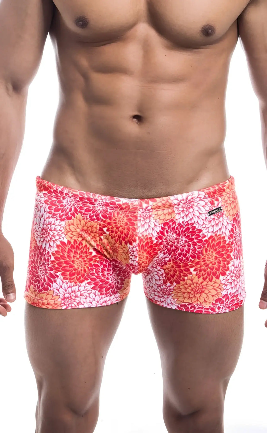 Oceanico square cut swim trunks in vibrant pink red and orange floral pattern perfect for beachwear