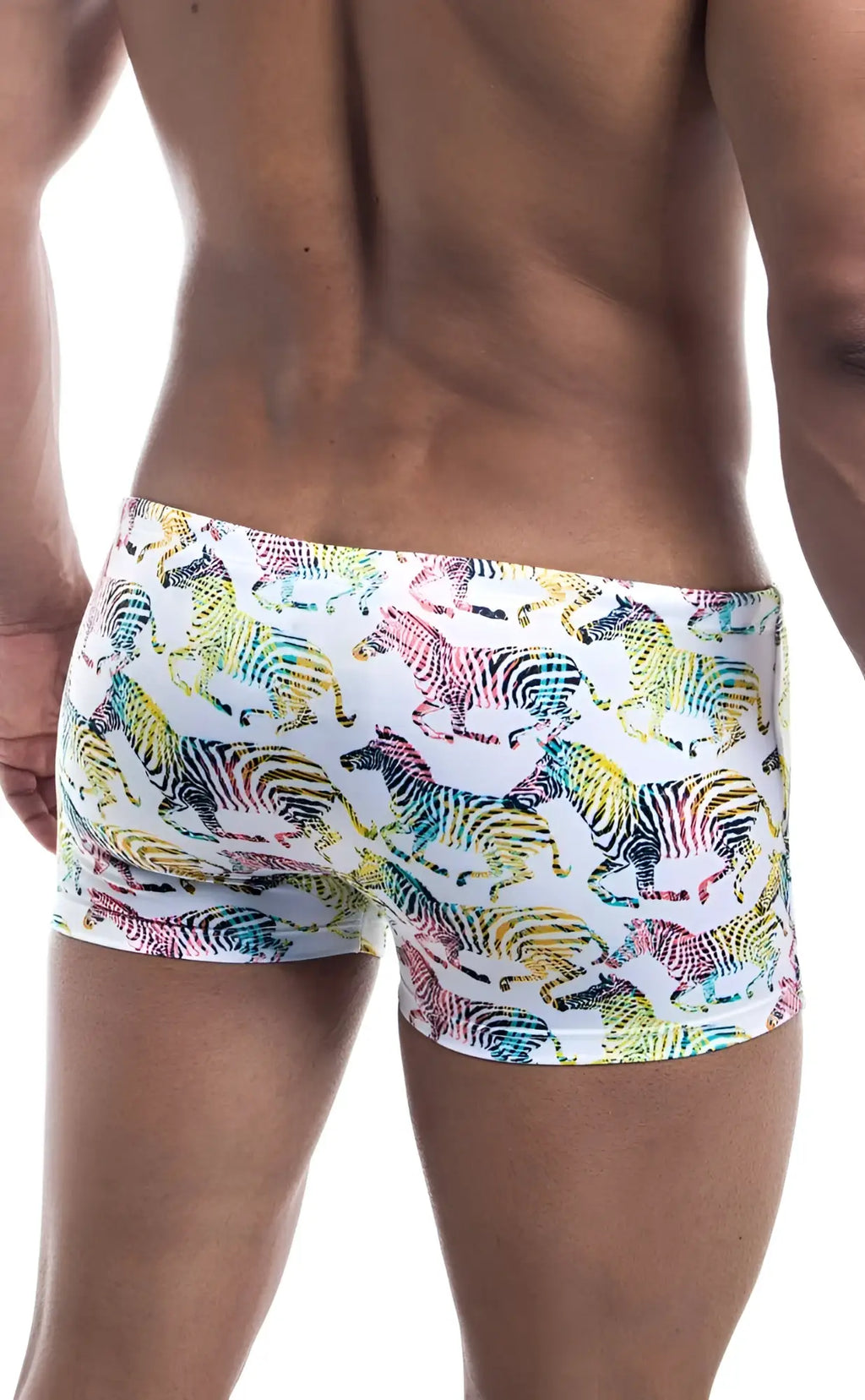 White swim trunks oceanico square cut with vibrant rainbow zebra pattern for stylish beachwear