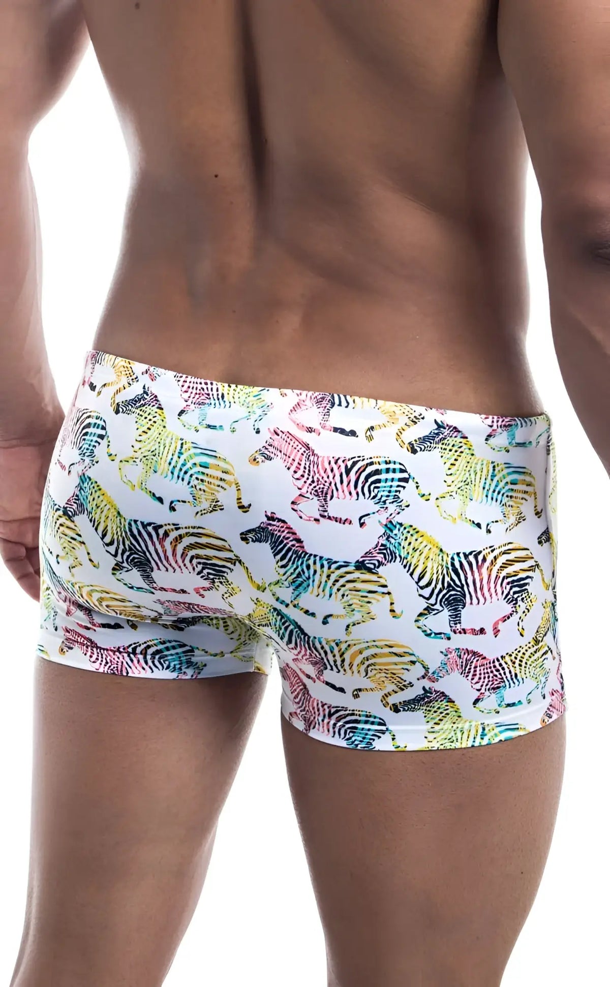 White swim trunks oceanico square cut with vibrant rainbow zebra pattern for stylish beachwear