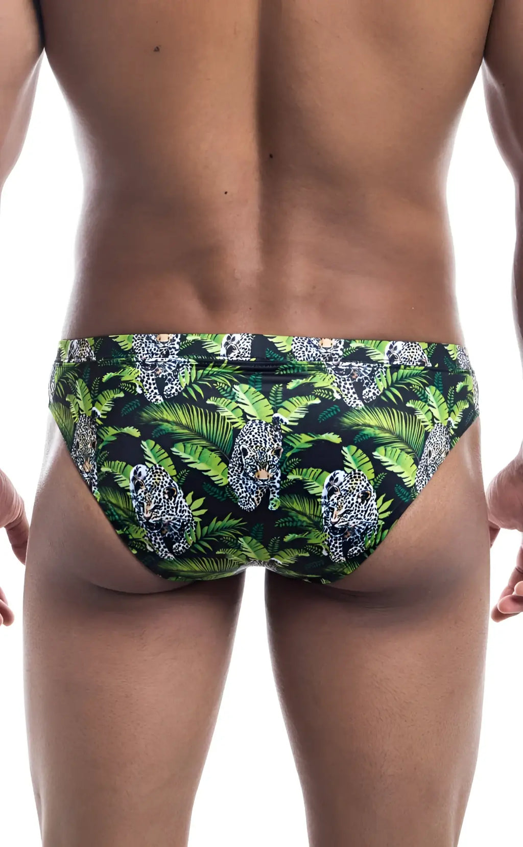 Oceanico swim bikini green and black swim trunks with vibrant tropical leopard and palm leaf pattern for beachwear