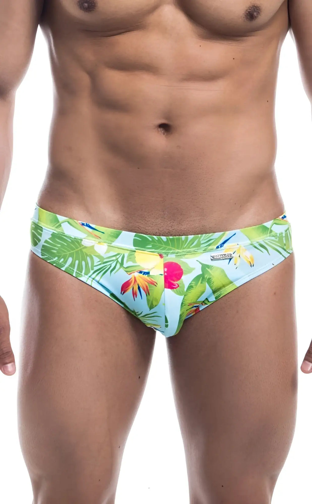 Oceanico swim bikini vibrant tropical print swim trunks with light blue green and pink bold leaf and flower pattern