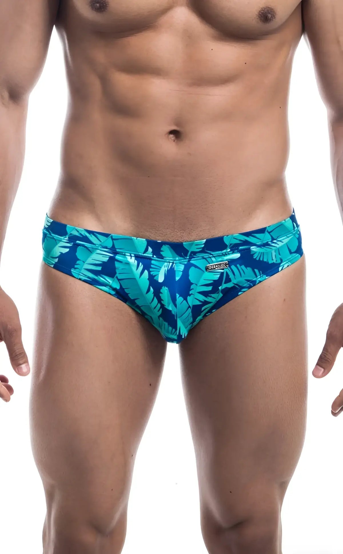 Oceanico swim bikini vibrant turquoise and deep blue tropical leaf-patterned swim trunks for beachwear