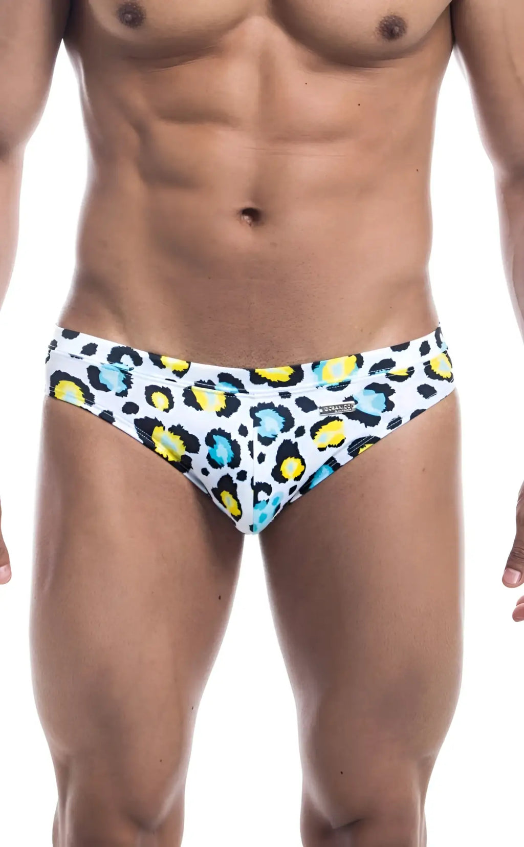 White oceanico swim bikini trunks with bold colorful leopard print in yellow and teal for beachwear