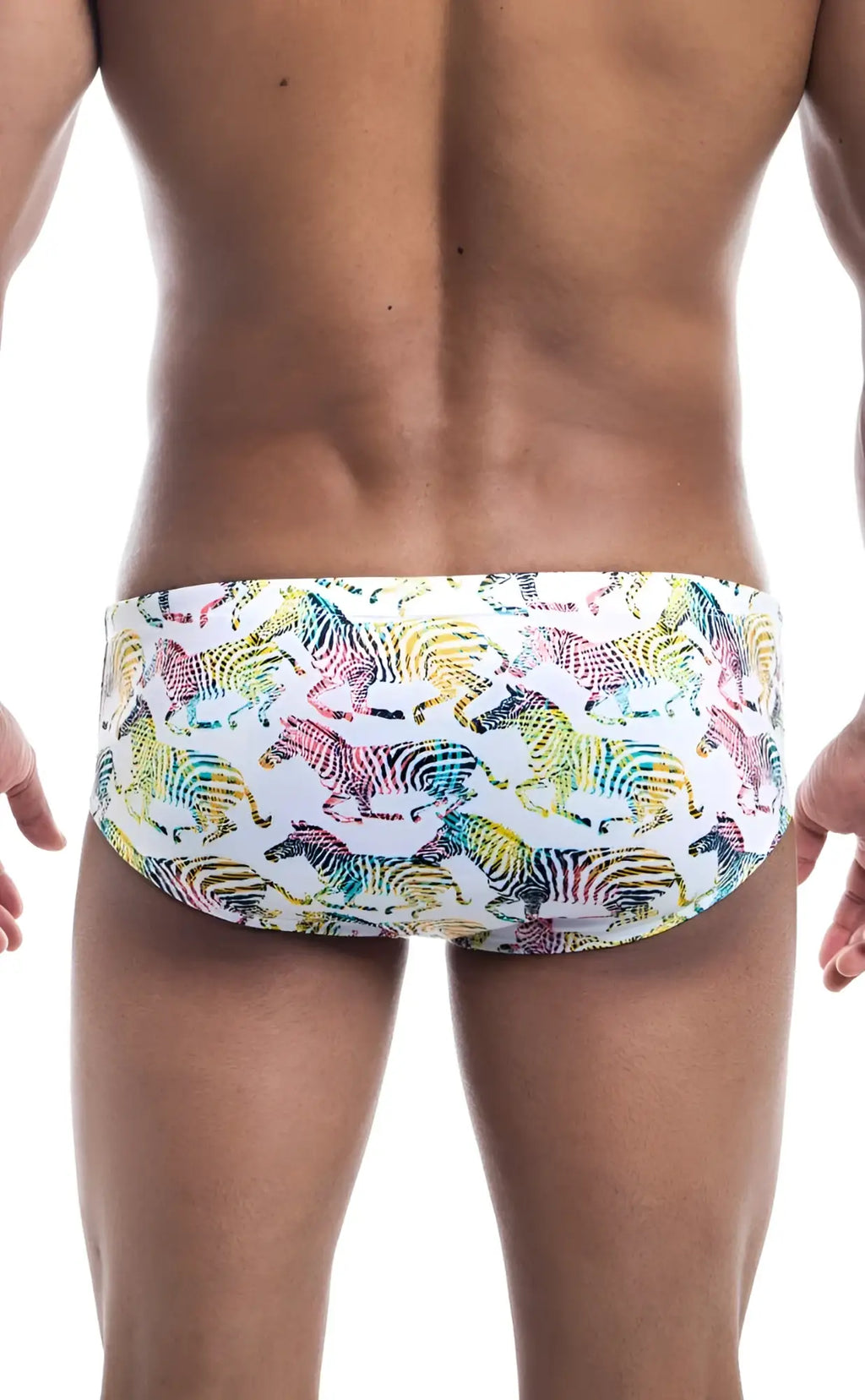 Oceanico swim brief white swim trunks with vibrant rainbow-colored zebra pattern for beach and pool wear