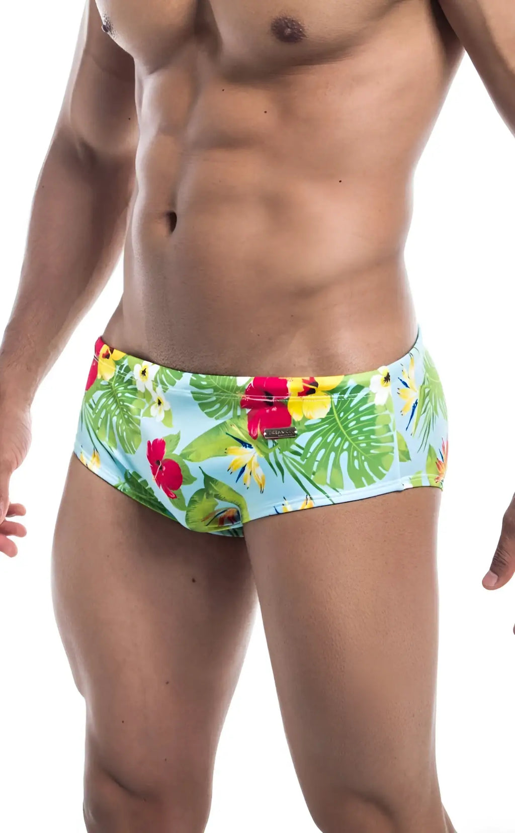 Oceanico swim brief featuring brightly colored tropical print swim trunks in light blue green red and yellow