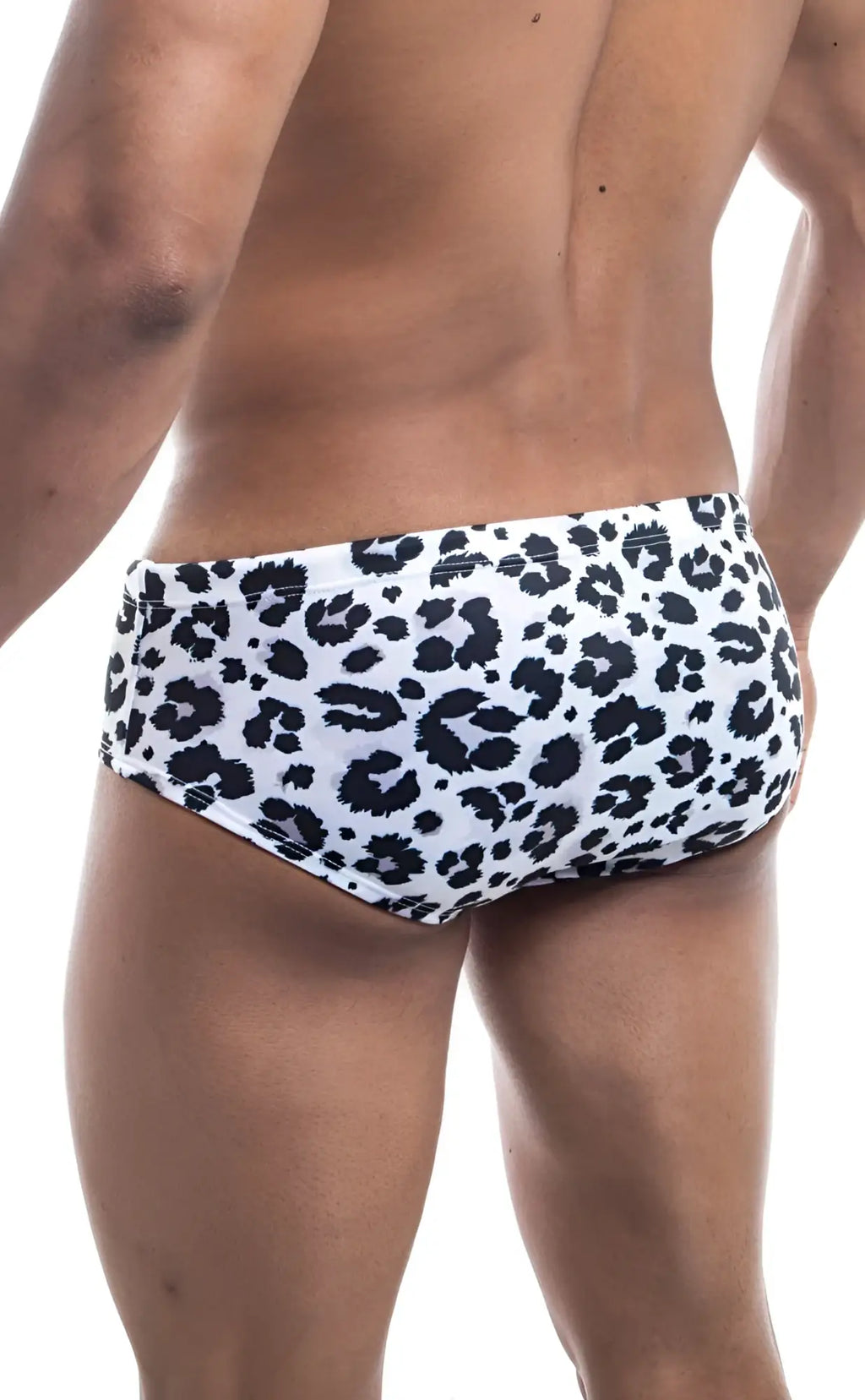 Oceanico swim brief white swim trunks with bold black leopard print pattern perfect for beachwear and swimming