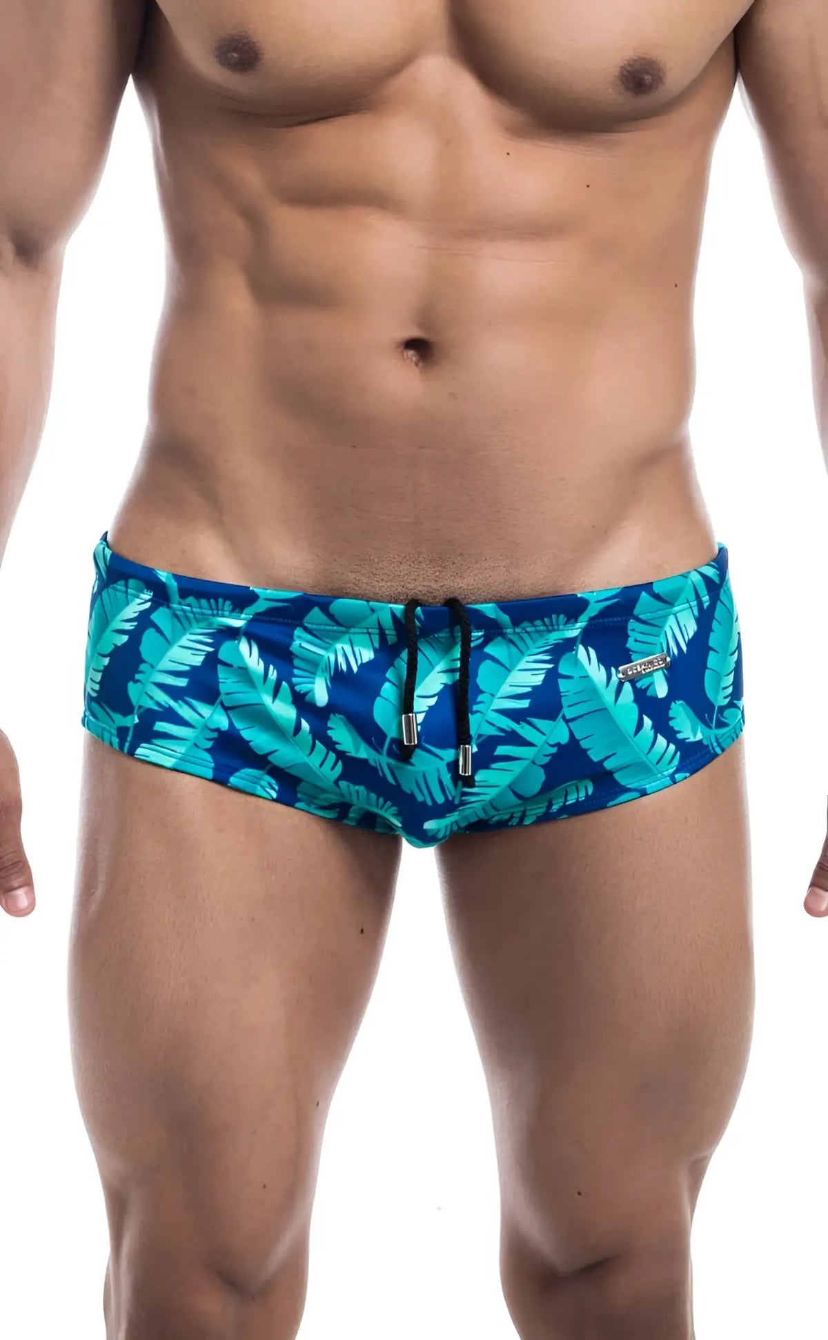 Oceanico swim brief vibrant turquoise and navy blue tropical leaf pattern swim trunks with black drawstrings