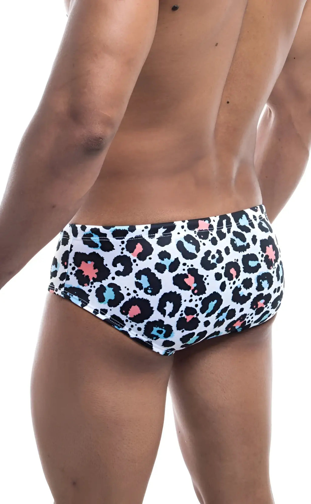 White Oceanico swim brief with bold leopard print black spots accented by pink and light blue for swimwear use