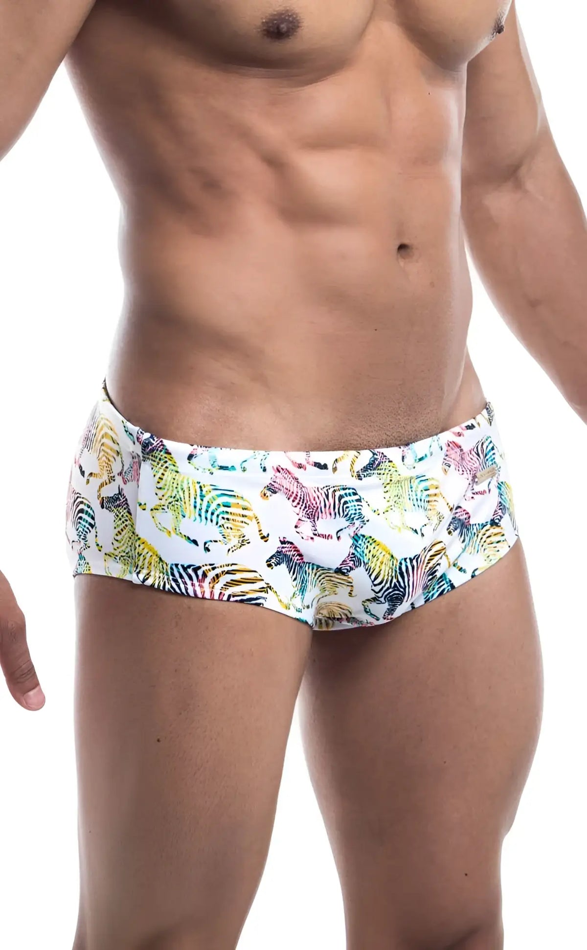 Oceanico swim brief white swim trunks with vibrant multicolored zebra print pattern for beachwear