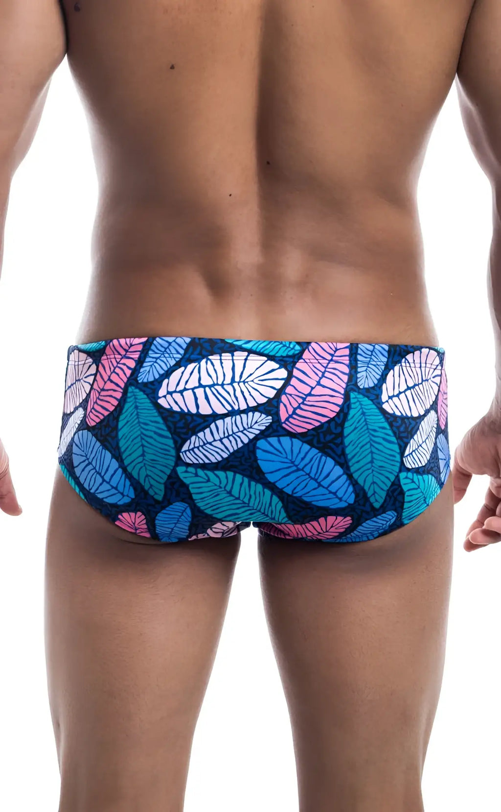 Oceanico swim brief featuring vibrant blue pink and white leaf pattern on a dark navy base perfect for beachwear