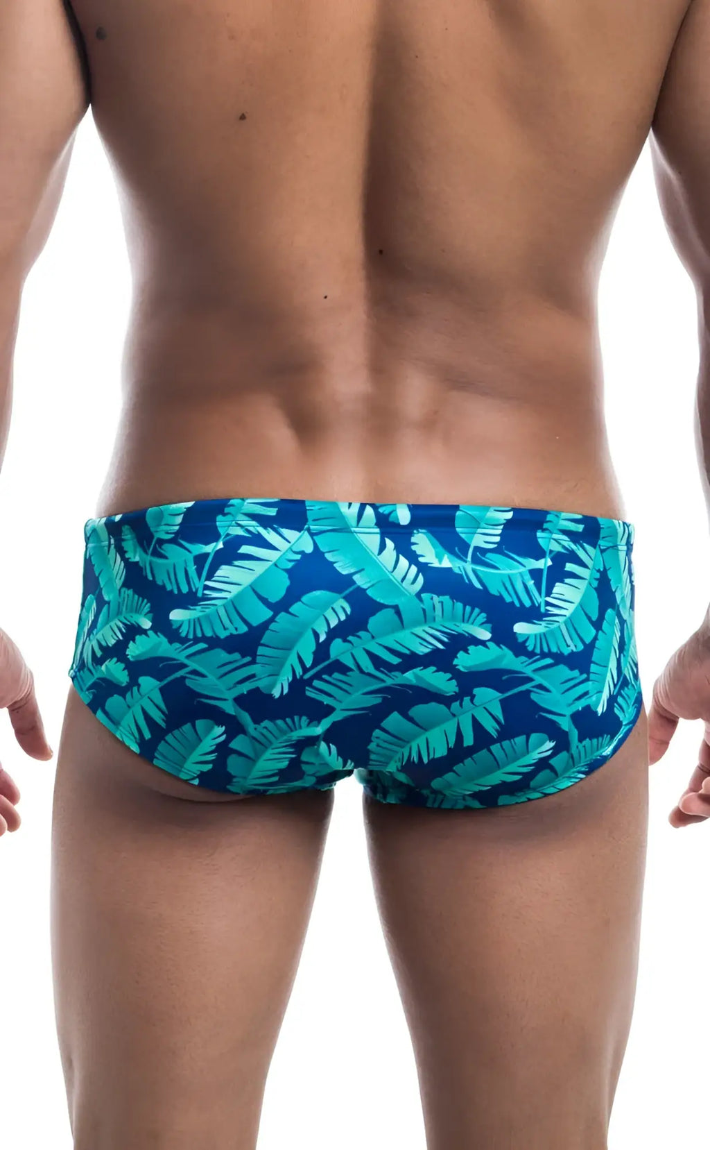 Oceanico swim brief teal and blue tropical leaf patterned swim trunks for beach and pool wear