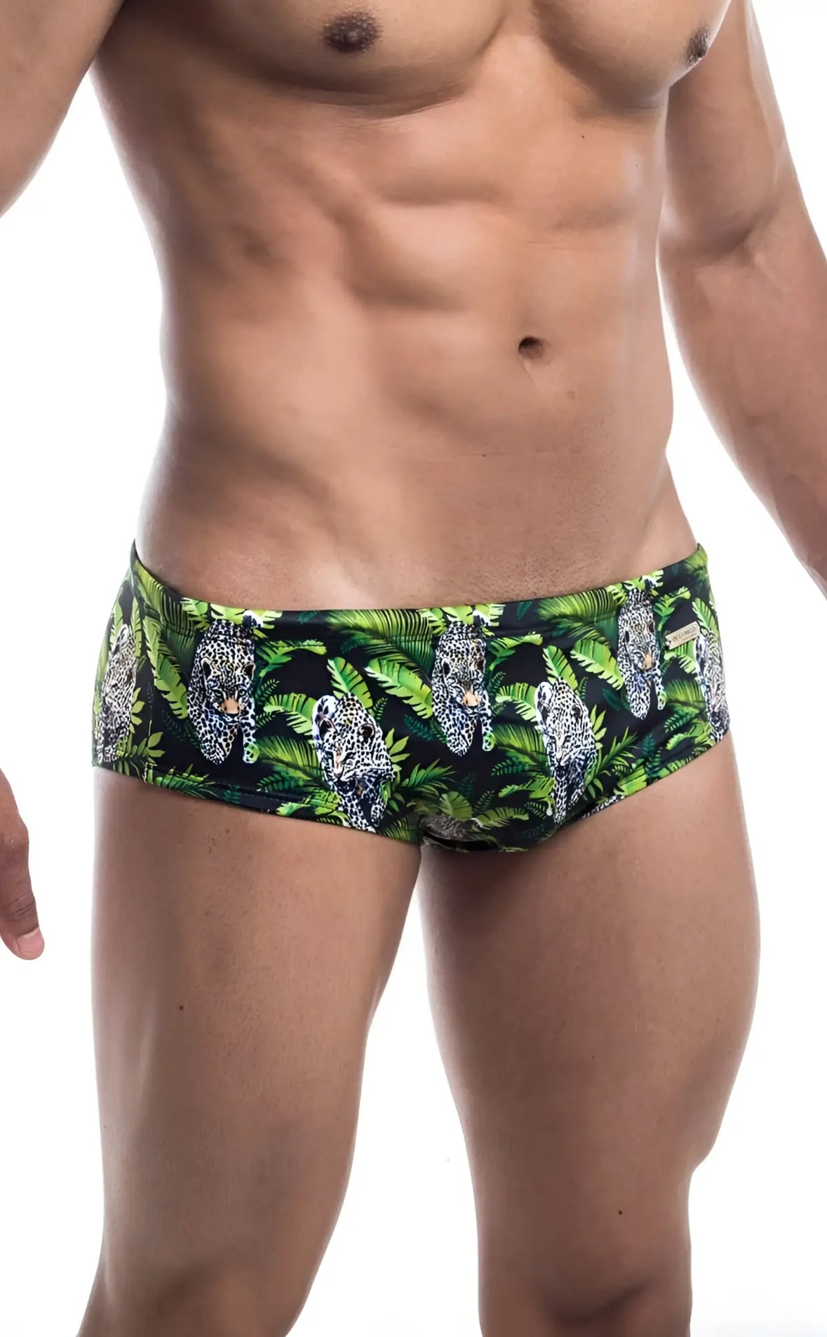Oceanico swim brief in green and black with bold leopard pattern and tropical foliage for stylish swimwear use