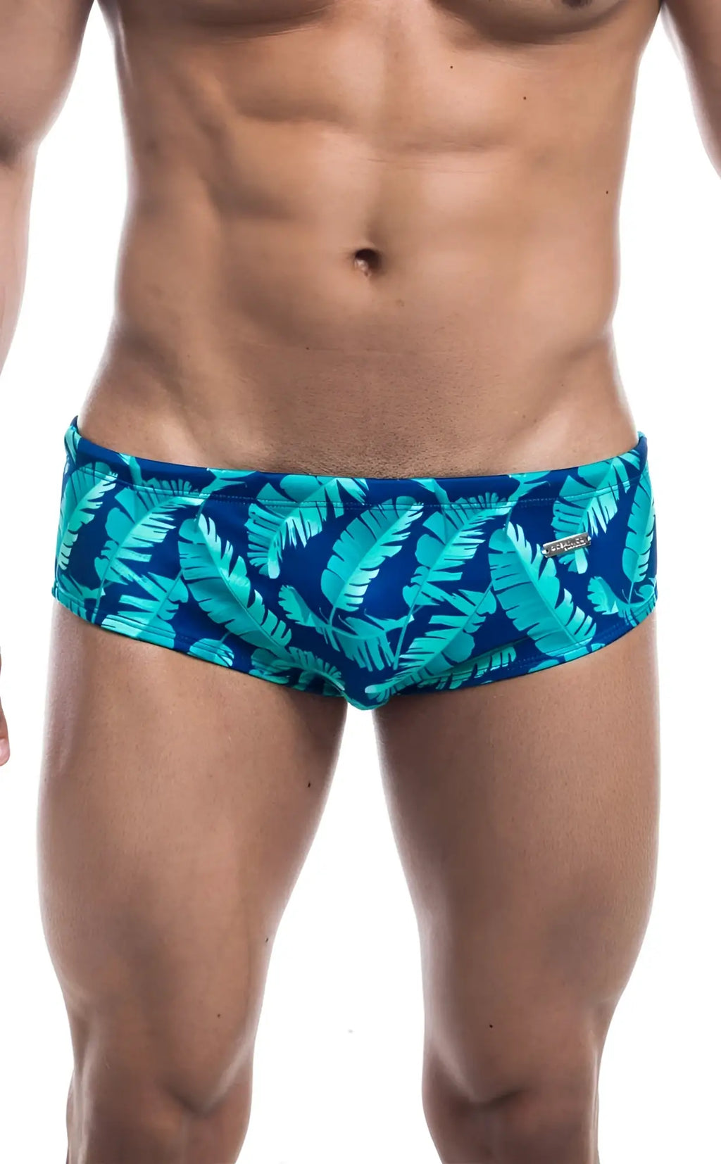 Blue swim trunks oceanico swim brief with vibrant turquoise tropical leaf pattern perfect for beachwear