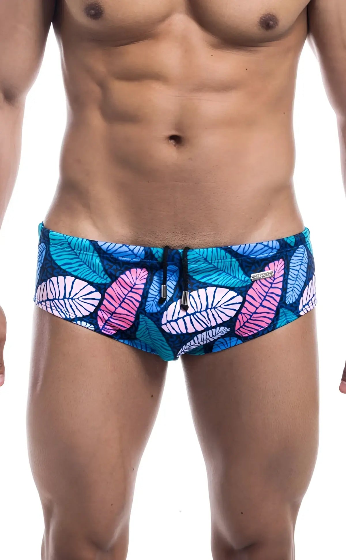 Oceanico swim brief featuring blue and pink tropical leaf pattern with black drawstring for beachwear