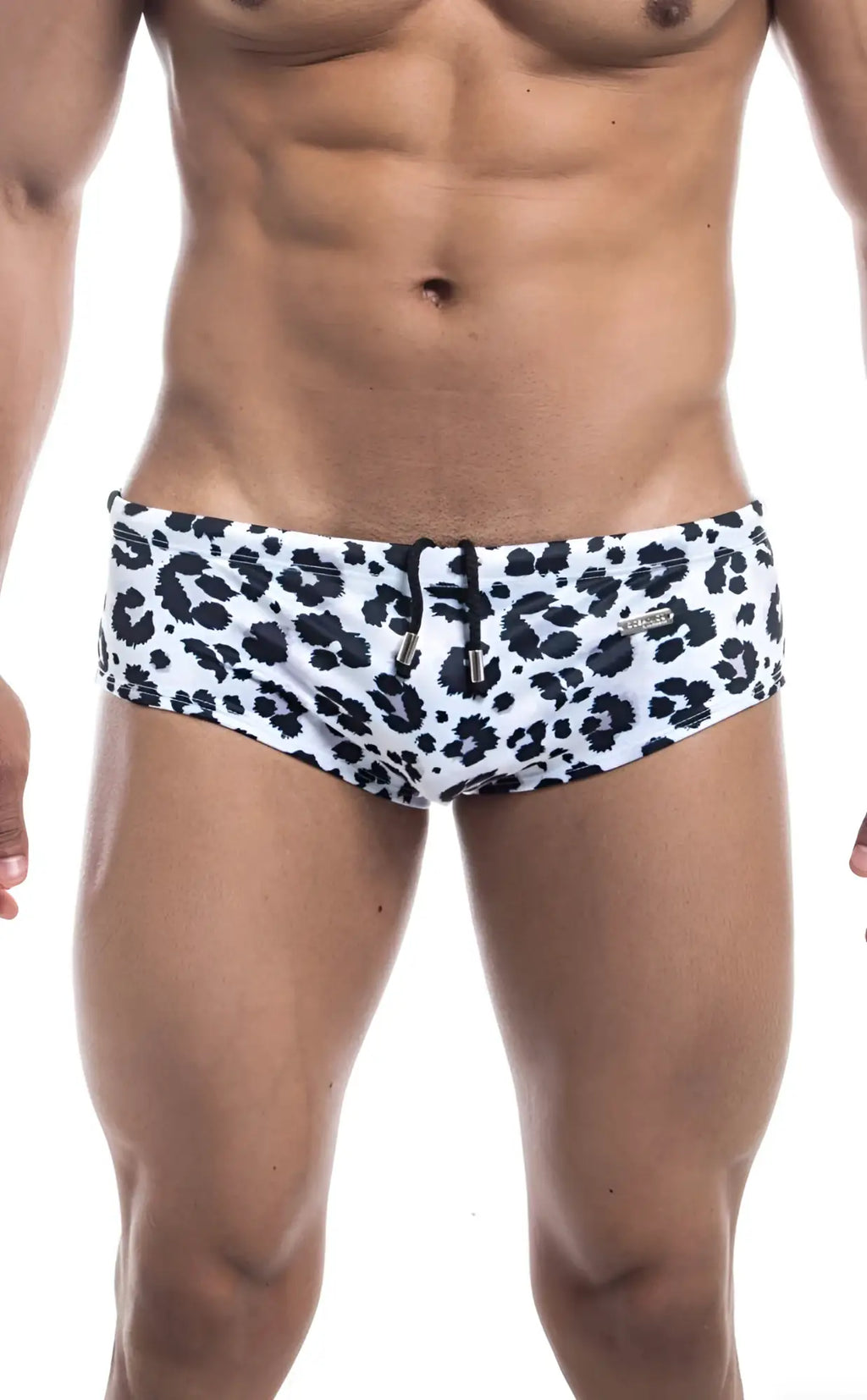 Oceanico swim brief white swim trunks with black leopard print pattern ideal for beach and pool use